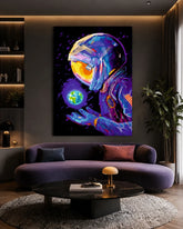 Cosmic Astronaut Holding Earth Canvas Wall Poster Space Explorer Artwork