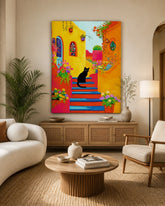 Vibrant Mediterranean Alley with Black Cat Canvas Wall Art Colorful Floral Village Painting