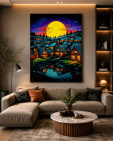 Moonlit Village Landscape Canvas Wall Art Enchanted Night Town Painting