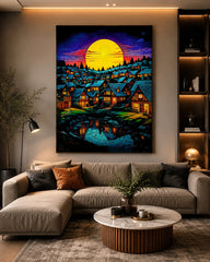 Moonlit Village Landscape Canvas Wall Art Enchanted Night Town Painting
