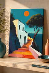 Mediterranean Coastal Stairway Canvas Wall Art – Seaside Landscape Poster