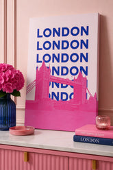 London Tower Bridge Canvas Wall Art - Modern Pink & Royal Blue Pop Art City Print