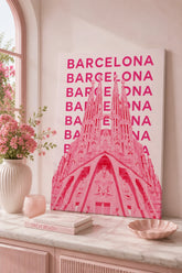 Barcelona Sagrada Familia Canvas Wall Art - Modern Pink Pop Art Travel Poster