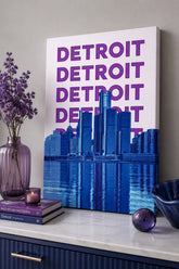 Detroit Skyline Canvas Wall Art - Modern Blue & Purple Pop Art City Print