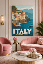 Italy Amalfi Coast Vintage Canvas Wall Art - Retro Coastal Italian Riviera Travel Poster
