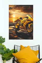 Golden Sport Bike Sunset Poster | Superbike Coastal Wall Art | Motorcycle Landscape Print bike Poster