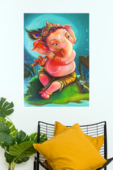 Bal Ganesh Playing Flute Colourful Devotional Wall Poster (God Poster )