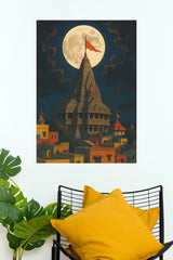 Dev Bhumi Moonlit Temple Saffron Flag Wall Poster (God Poster )