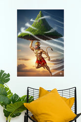 Lord Hanuman Carrying Mountain Poster | Bajrangbali Devotional Wall Art (God Poster )