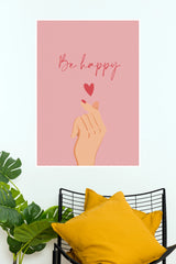"Be Happy" Finger Heart Korean Love Gesture Poster – Cute Pink Aesthetic Wall Art for Bedroom, Living Room & College Dorm Decor (Gym And Motivational Poster)