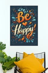 "Be Happy" Floral Typography Poster – Vibrant Calligraphy Inspirational Wall Art for Living Room, Bedroom & Office Decor(Gym And Motivational Poster)