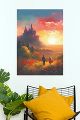 Romantic Couple Holding Hands Castle Sunset Poster | Fantasy Love Wall Art(Love Posters)