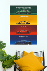 Four Supercars Porsche Lamborghini Ferrari Bugatti Wall Art Paper Poster (Car Posters)