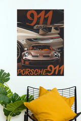 Porsche 911 Bronze and Orange Sports Car Wall Art Paper Poster (Car Posters)