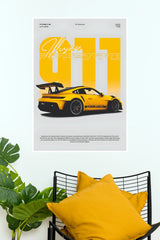 Yellow Porsche 911 GT3 RS Sports Car Paper Poster Wall Art (Car Posters)