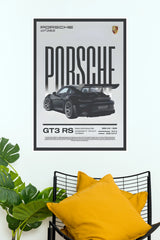 Black Porsche GT3 RS Technical Specification Paper Poster | Automotive Wall Art (Car Posters)
