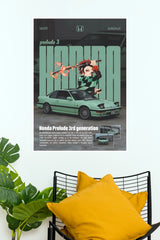 Honda Prelude 3rd Gen x Anime Mashup Poster – Mint Green JDM Car & Tanjiro Wall Art for Garage, Gamer Room & Bedroom Decor (Car Posters)