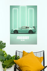 Mint Green Nissan Silvia S15 Neon Studio Poster – Japanese JDM Legend Drift Coupe Wall Art for Gamer Room, Bedroom & Man Cave Decor (Car Posters)