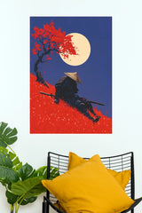 Armor of Solitude Samurai Warrior Red Tree and Moon Wall Art Paper Poster (Samurai Warrior Posters)