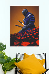 Ashes and Armor Blue Samurai Warrior Red Flowers Wall Art Paper Poster (Samurai Warrior Posters)