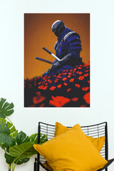 Ashes and Armor Blue Samurai Warrior Red Flowers Wall Art Paper Poster (Samurai Warrior Posters)