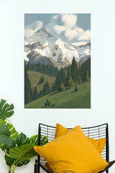 Peaceful Meadow Snow Capped Mountain and Pine Forest Wall Art Poster (The Green World Posters)