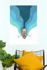 River Glow Rowboat Navigating Flowing Blue Waters Wall Art Poster (The Green World Posters)