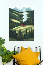 Timeless Nature Red Cabin with Smoke in Pine Forest and Mountains Wall Art Poster (The Green World Posters)
