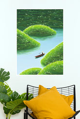Whispering River Person in Small Boat Amidst Terraced Green Hills Wall Art Poster (The Green World Posters)