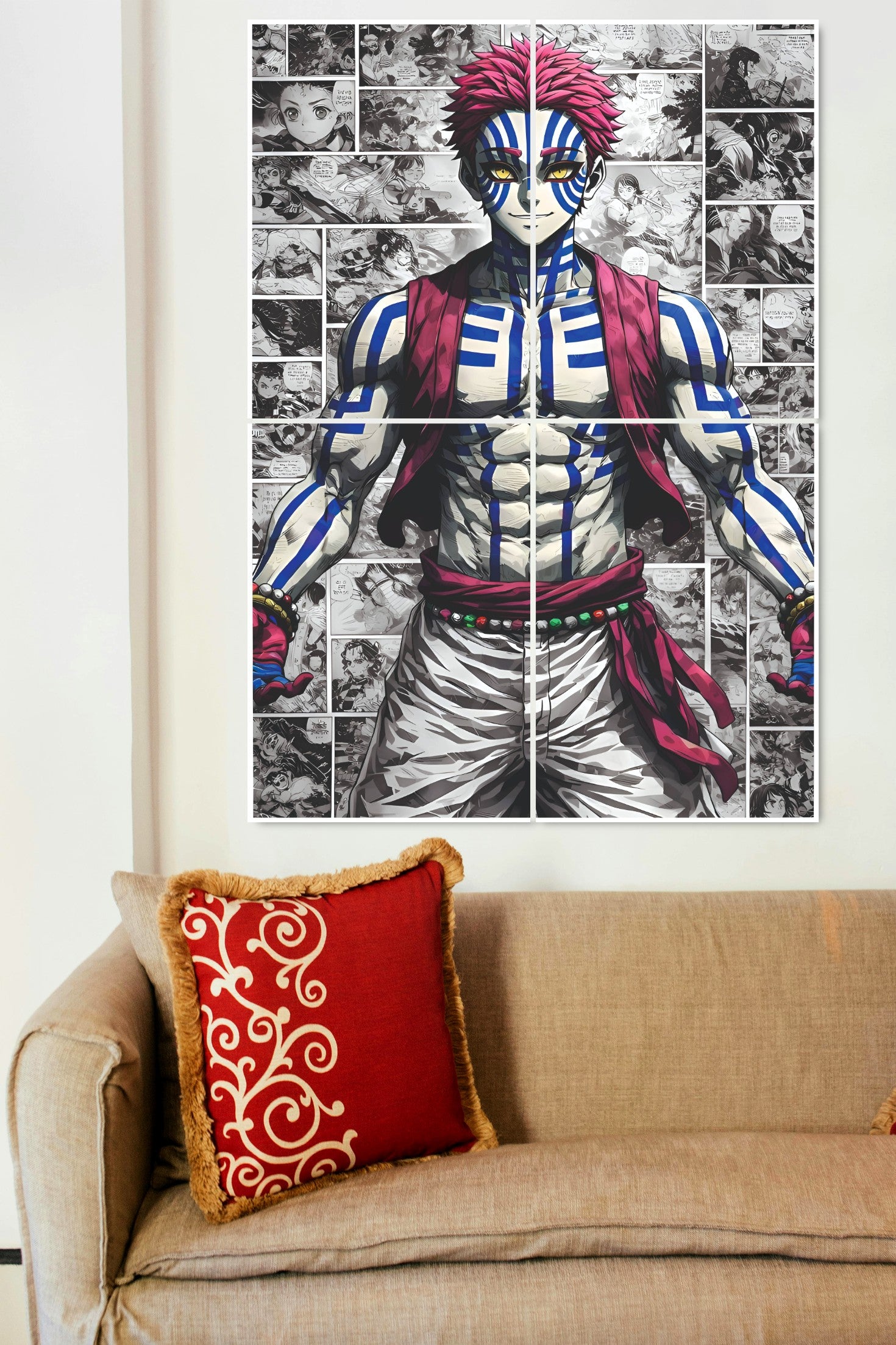 Wall mural of a character with red hair and colorful outfit in a living room.