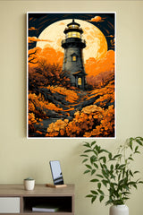 A Painting of A lighthouse With Flowers And The Sun Behind it Poster | Art Posters