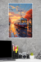 A Train Is Going Down The Tracks In The City Poster | Art Posters