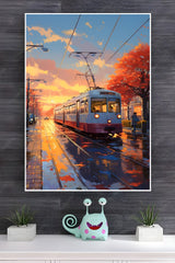 A Train Is Going Down The Tracks In The City Poster | Art Posters