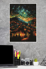 Art Landscape of Night View of Village Poster | Moon Light Sky Posters