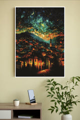 Art Landscape of Night View of Village Poster | Moon Light Sky Posters