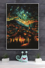 Art Landscape of Night View of Village Poster | Moon Light Sky Posters