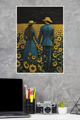 Couple Walking in Sun Flower Field Poster | Moon Light Sky Posters