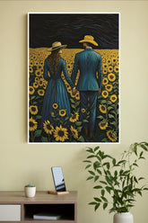 Couple Walking in Sun Flower Field Poster | Moon Light Sky Posters