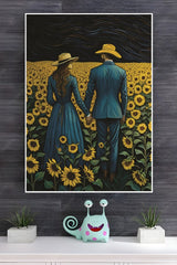Couple Walking in Sun Flower Field Poster | Moon Light Sky Posters