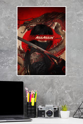 Ilustraction of Ninja Samurai With Neon Red And Moon For Backround Poster | Art Posters