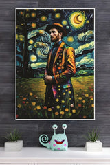 Man in Flower Garden in Night Poster | Moon Light Sky Posters