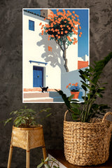 Mediterranean Blue Door & Orange Blossoms Poster| Art Posters