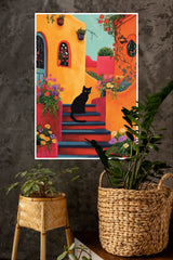 Midnight Cat in a Colorful Alley Artistic Poster | Art Posters
