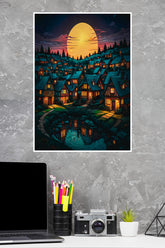 Night Scene of A Village With A River And A Full Moon Poster | Art Posters