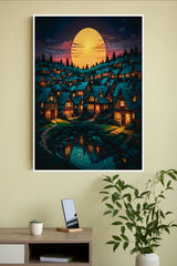 Night Scene of A Village With A River And A Full Moon Poster | Art Posters