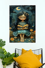 Celestial Girl Reading Book Paper Poster(Moon Light Sky Poster)