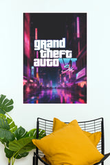 Grand Theft Auto VI Poster | GTA 6 Neon City Gaming Wall Art (Game Poster)