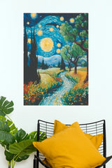 Starry Night Riverside Landscape Wall Art Poster | Scenic Nature Art Print(Moon Light Sky Poster)