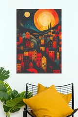Whimsical Celestial Village Art Poster Print(Moon Light Sky Poster)