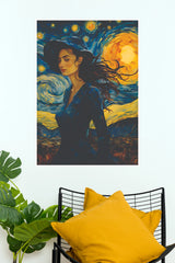 Woman in Starry Night Style Wall Art Print – Impressionist Portrait Canvas & Poster(Moon Light Sky Poster)